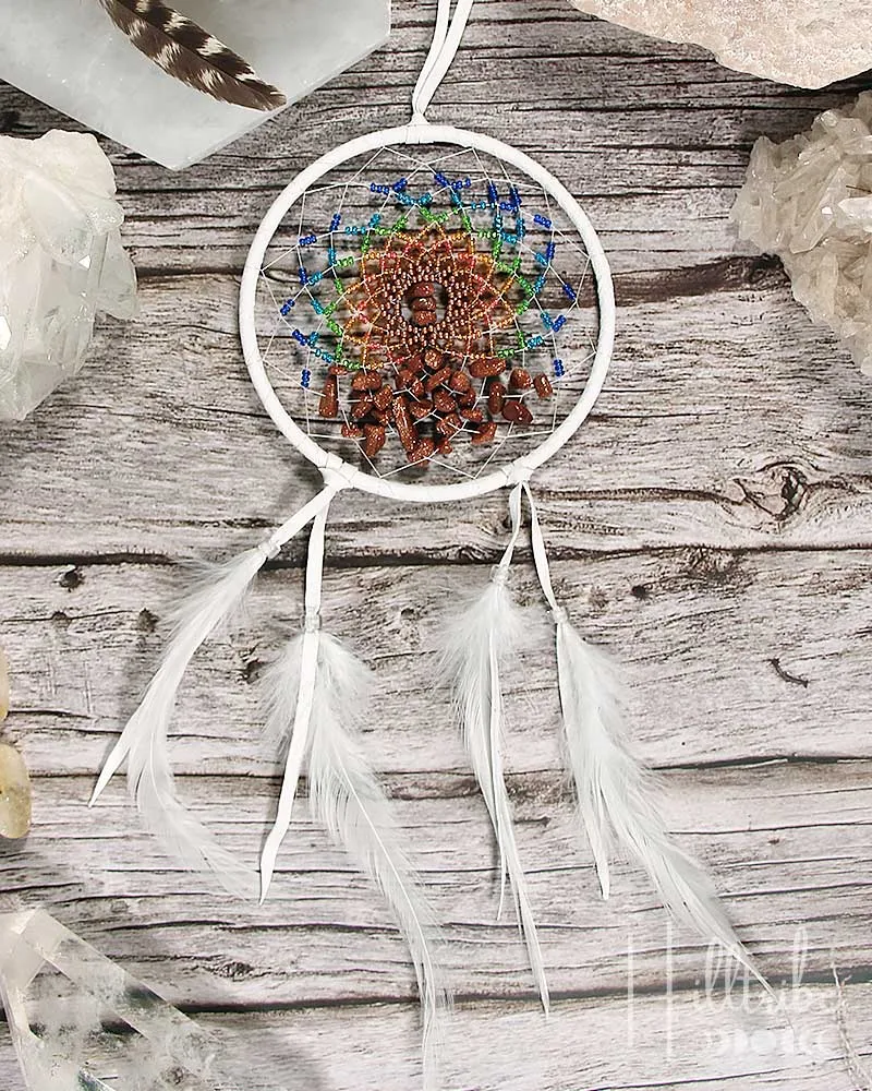 Goldstone Gemstone   White Leather Energy Flow Dreamcatcher 4"
