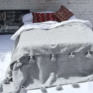 Grey Moroccan Handwoven Bed Cover Blanket Pom Pom