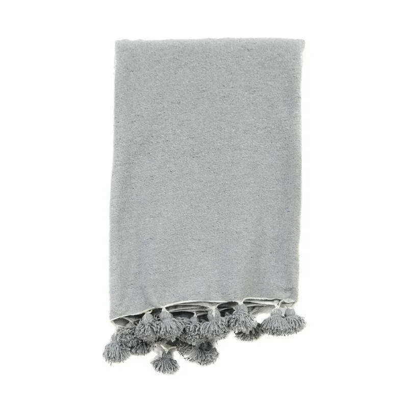 Grey Moroccan Handwoven Bed Cover Blanket Pom Pom
