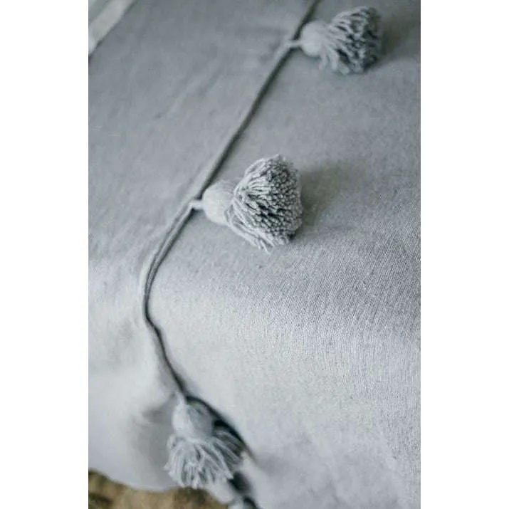 Grey Moroccan Handwoven Bed Cover Blanket Pom Pom