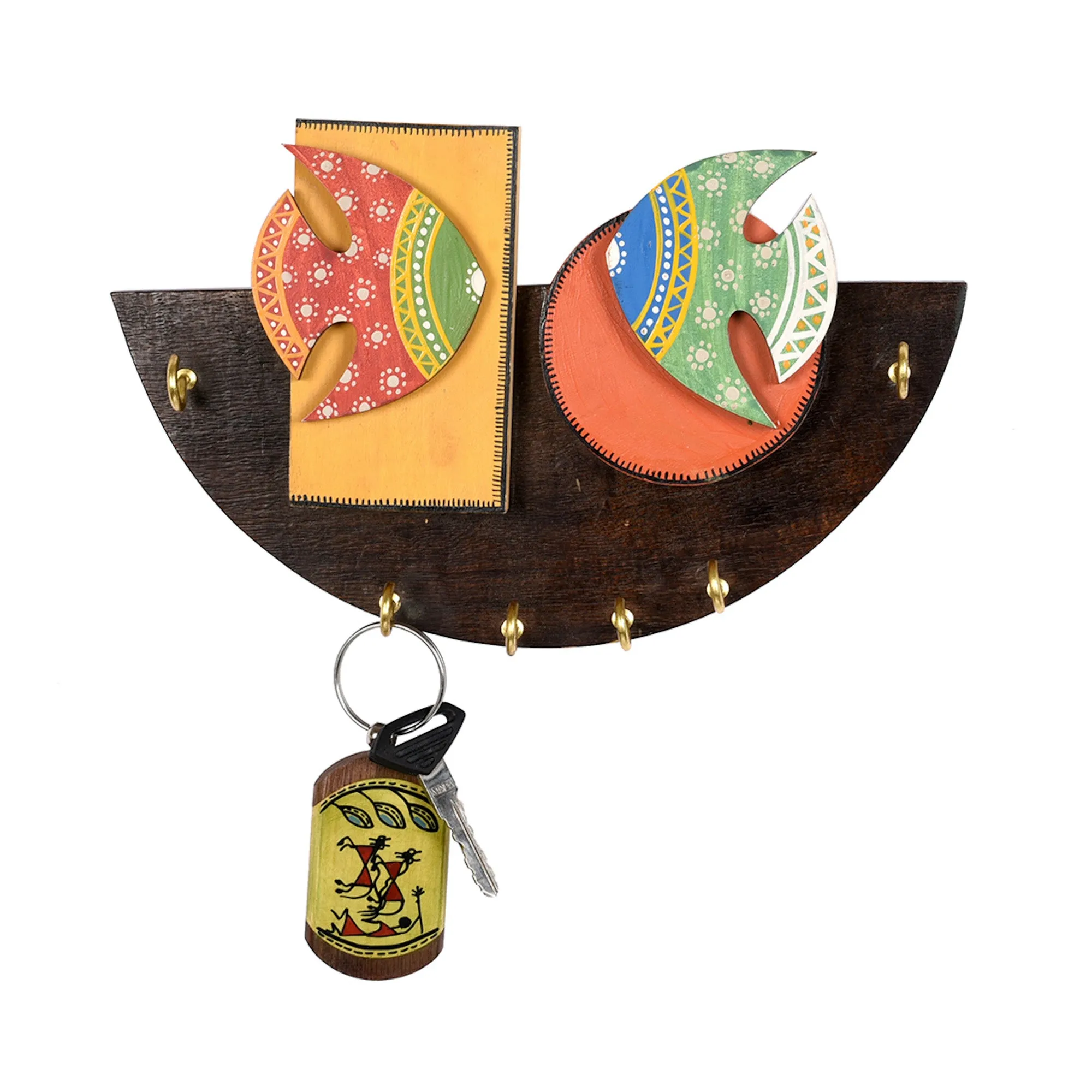 Handcrafted Rose Wood Key Holder Madhubani Fish 6 Keys (9.1 x 1.3 in)