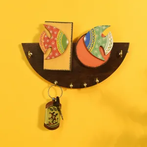 Handcrafted Rose Wood Key Holder Madhubani Fish 6 Keys (9.1 x 1.3 in)