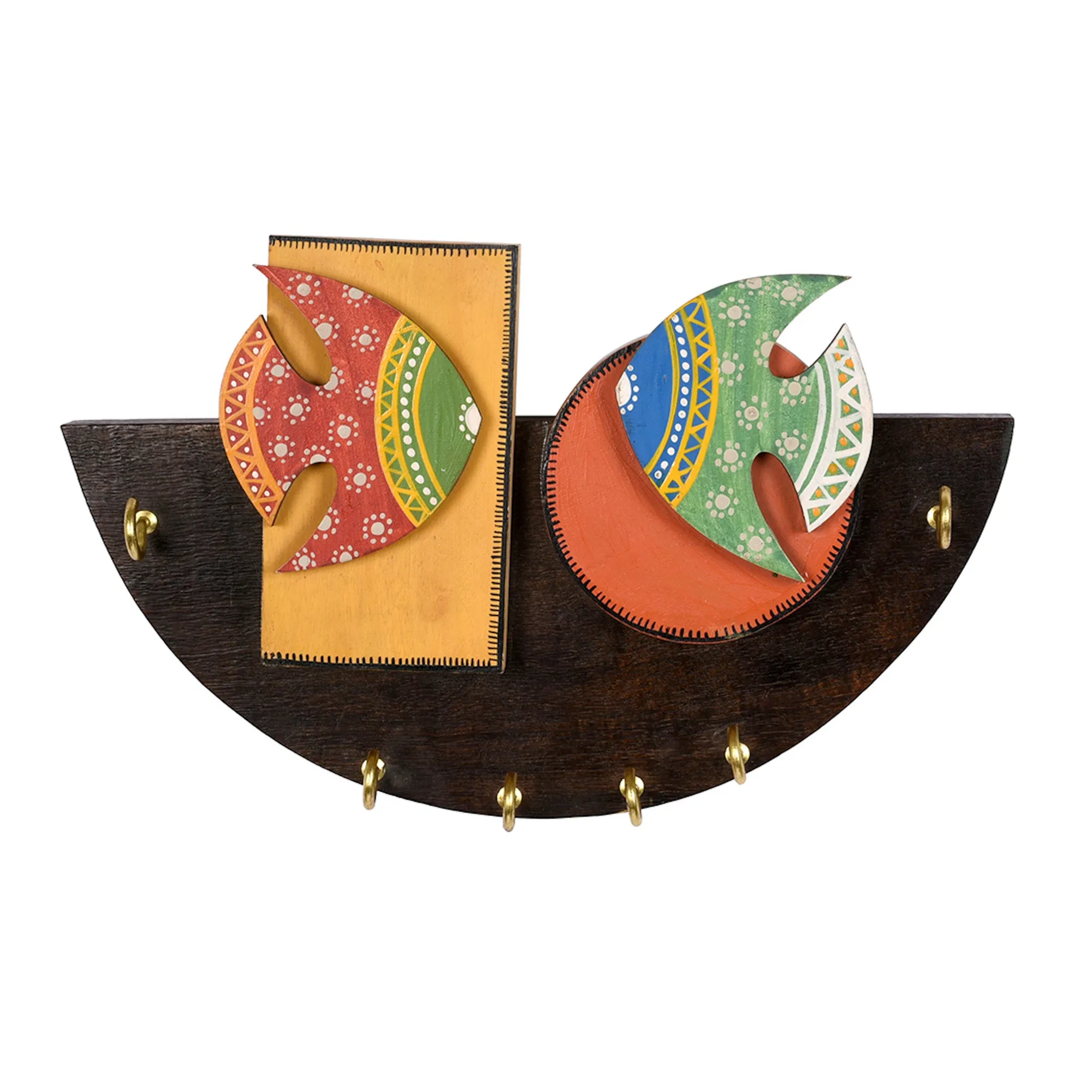 Handcrafted Rose Wood Key Holder Madhubani Fish 6 Keys (9.1 x 1.3 in)