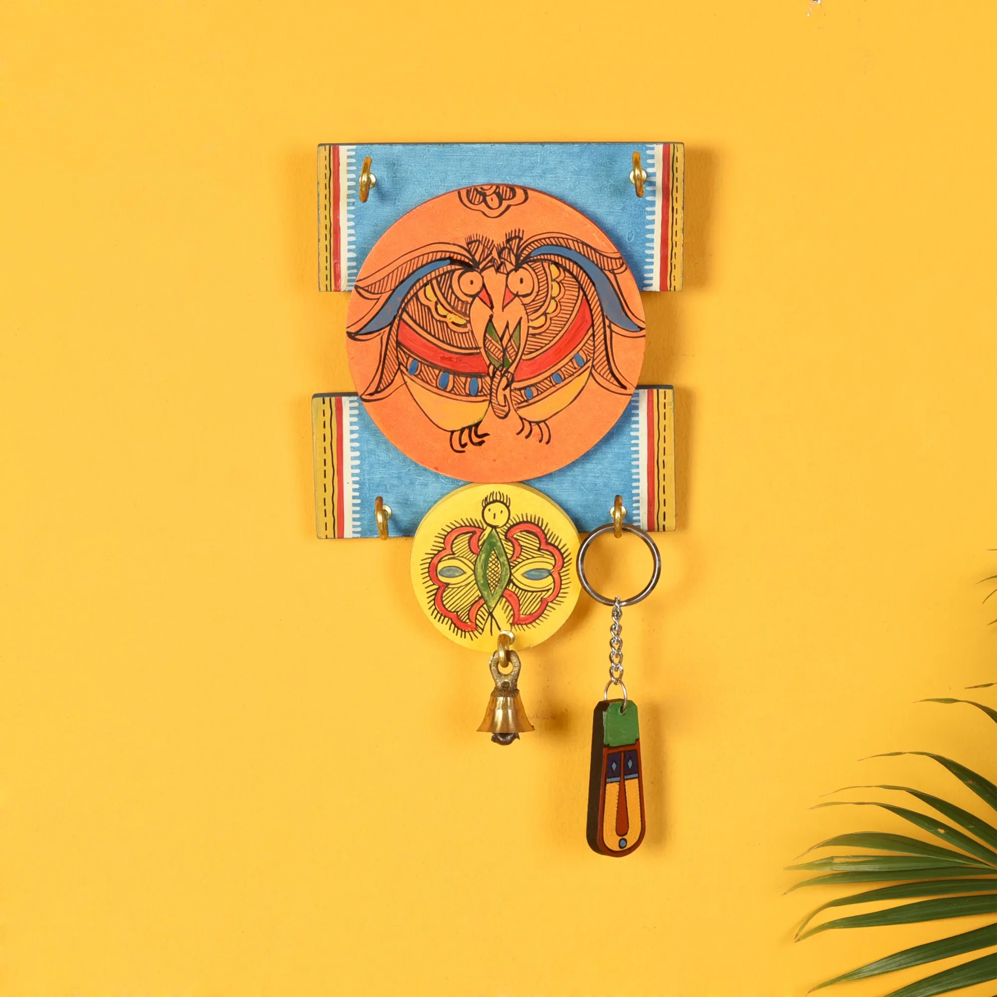 Handcrafted Wooden Key Holder with Madhubani Art (5 X 1 in)