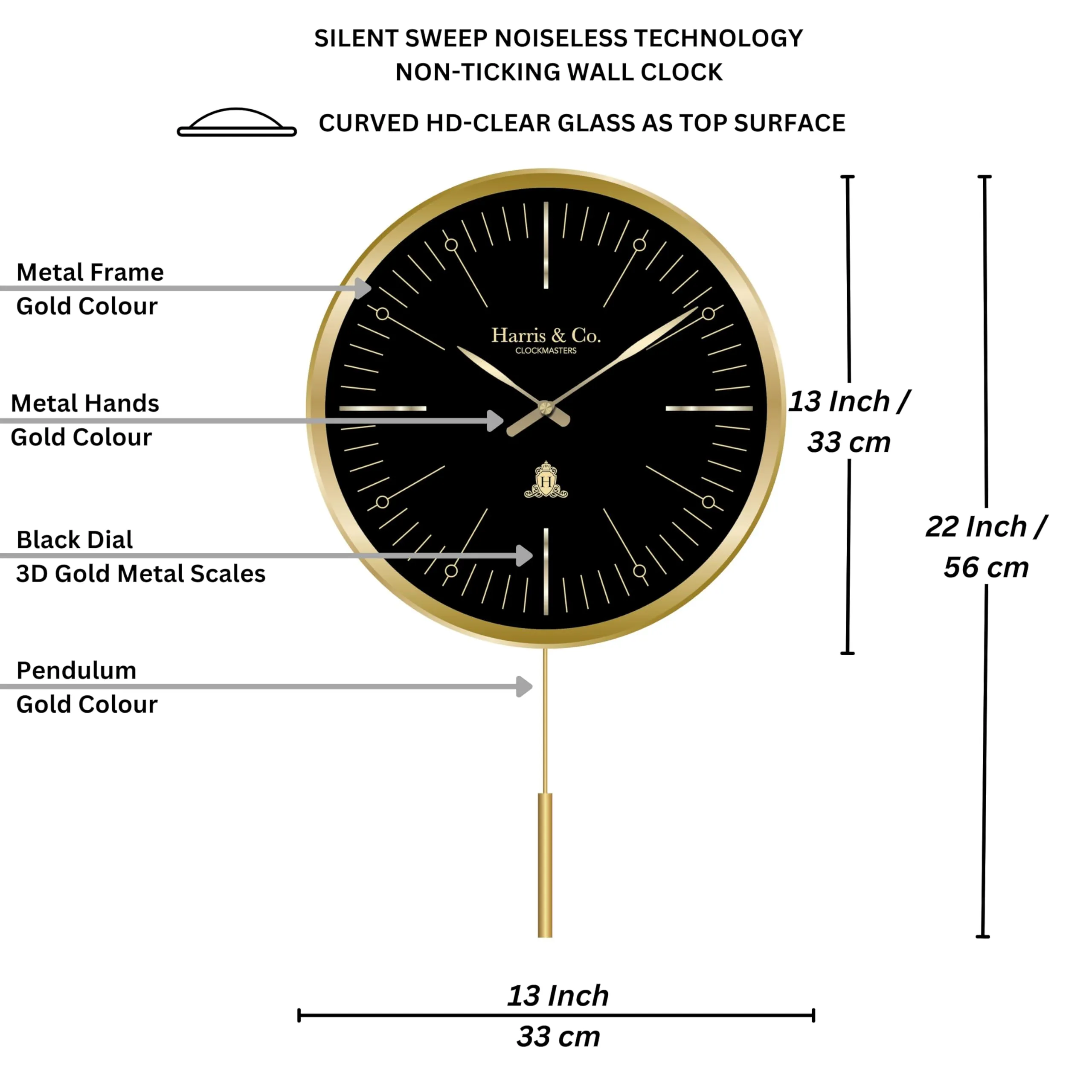 HARRIS & CO. CLOCKMASTERS Metal Luxury Pendulum Wall Clock,Silent Sweep Noiseless Technology 13 Inch Gold, Model-KNIGHTSBRIDGE