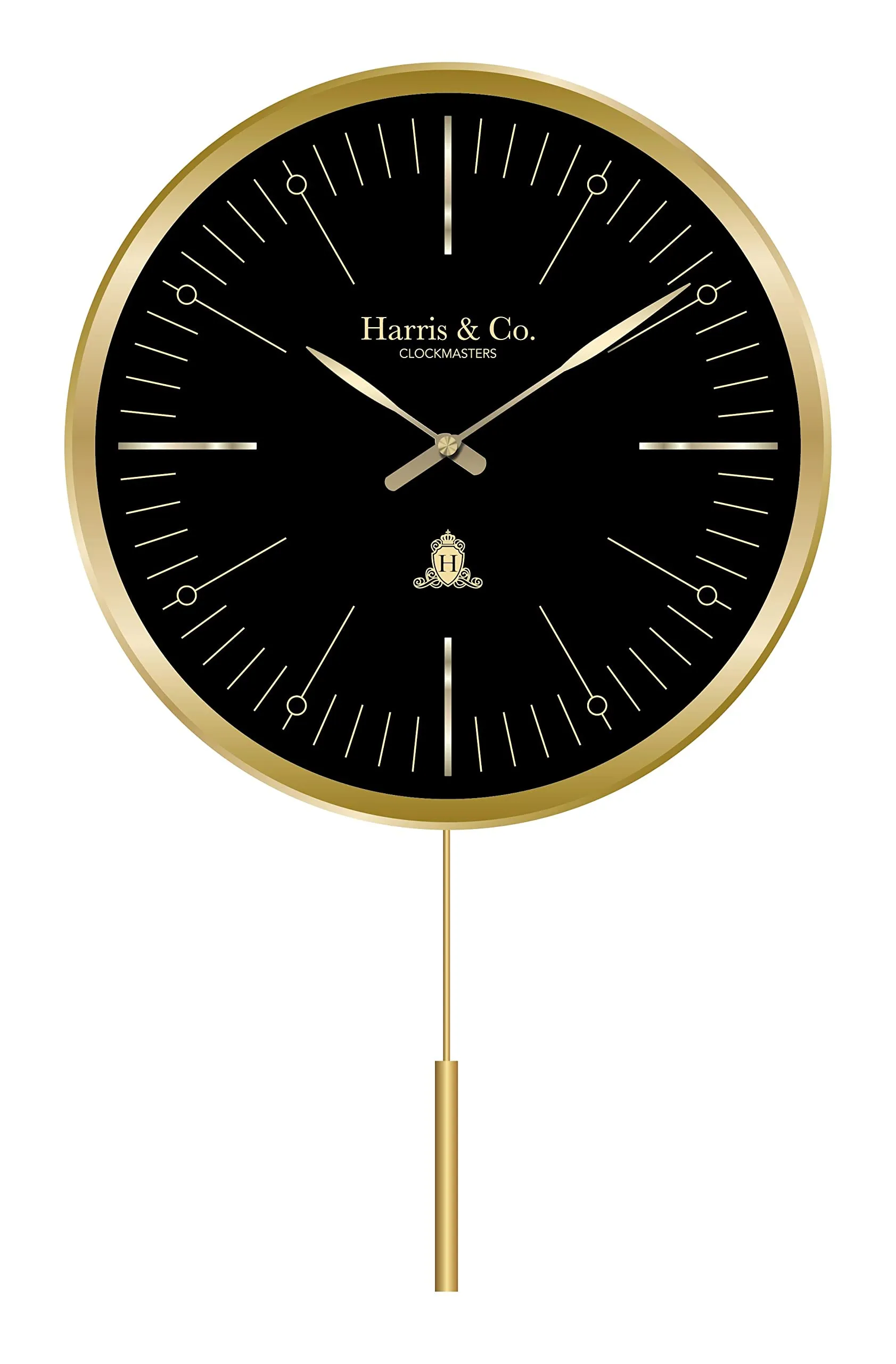 HARRIS & CO. CLOCKMASTERS Metal Luxury Pendulum Wall Clock,Silent Sweep Noiseless Technology 13 Inch Gold, Model-KNIGHTSBRIDGE