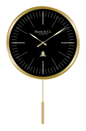 HARRIS & CO. CLOCKMASTERS Metal Luxury Pendulum Wall Clock,Silent Sweep Noiseless Technology 13 Inch Gold, Model-KNIGHTSBRIDGE