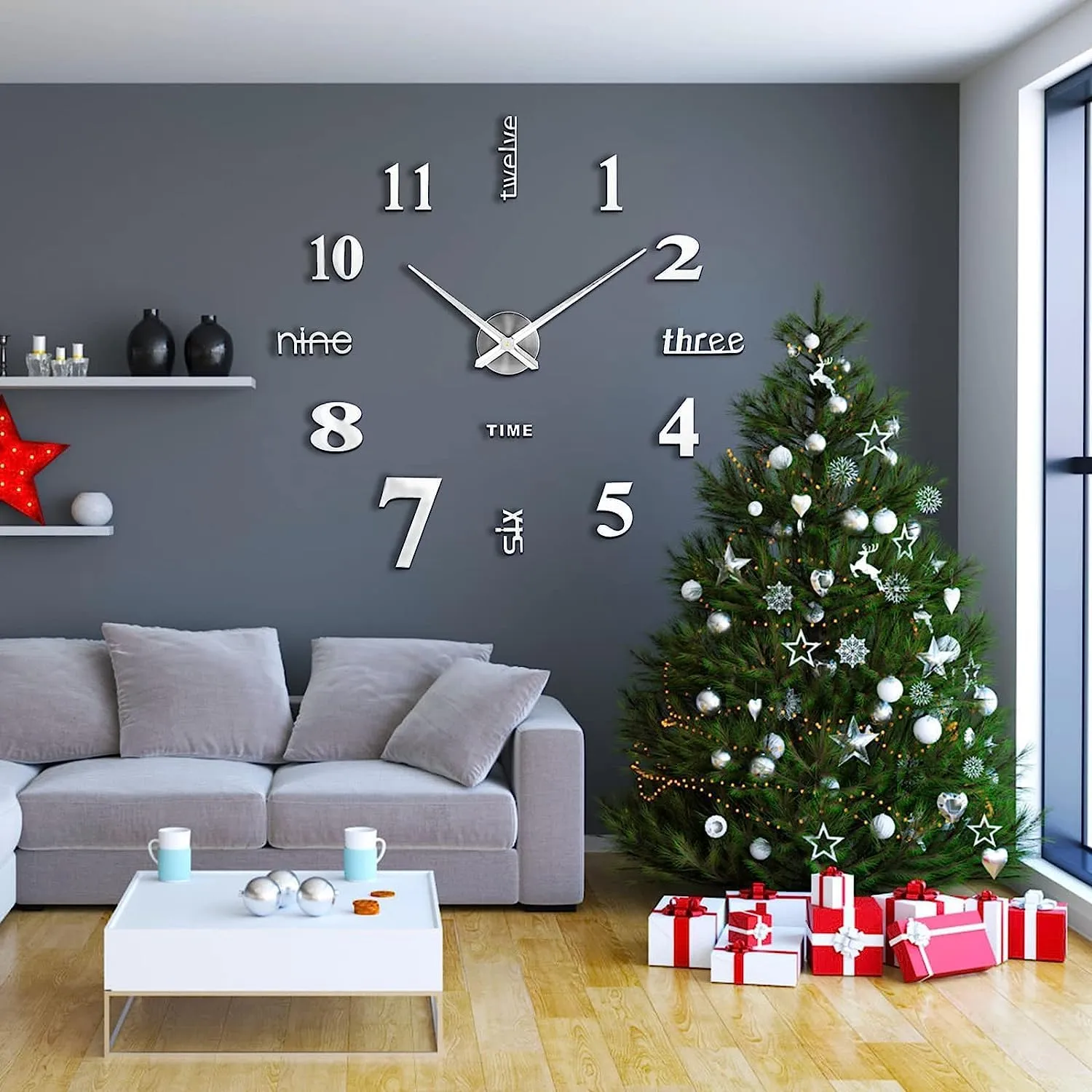 HEBEZON Wall Sticker Clock - DIY 3D Adhesive Sticker, Non-Ticking, Frameless, Plastic EVA Analog Watch with Adjustable for LivingRoom, Bedroom, Office Decor (25 x 50 cm) (Silver)