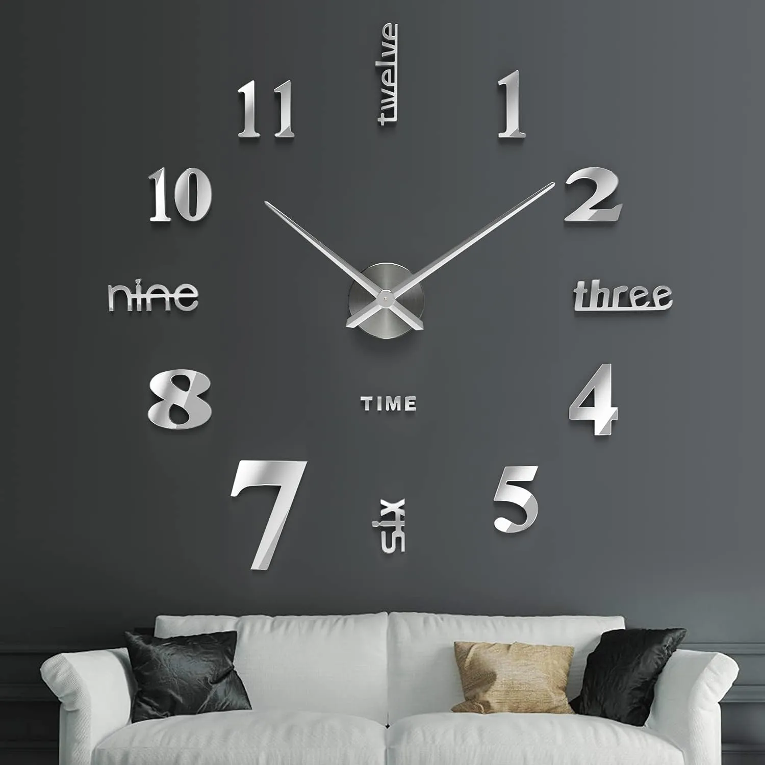 HEBEZON Wall Sticker Clock - DIY 3D Adhesive Sticker, Non-Ticking, Frameless, Plastic EVA Analog Watch with Adjustable for LivingRoom, Bedroom, Office Decor (25 x 50 cm) (Silver)