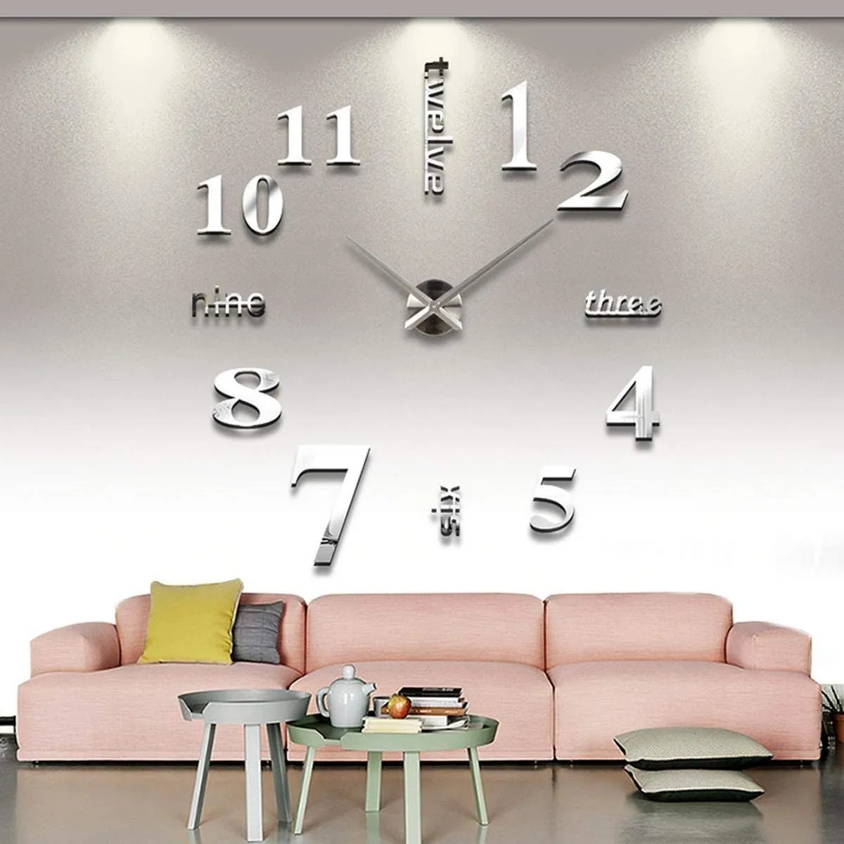 HEBEZON Wall Sticker Clock - DIY 3D Adhesive Sticker, Non-Ticking, Frameless, Plastic EVA Analog Watch with Adjustable for LivingRoom, Bedroom, Office Decor (25 x 50 cm) (Silver)