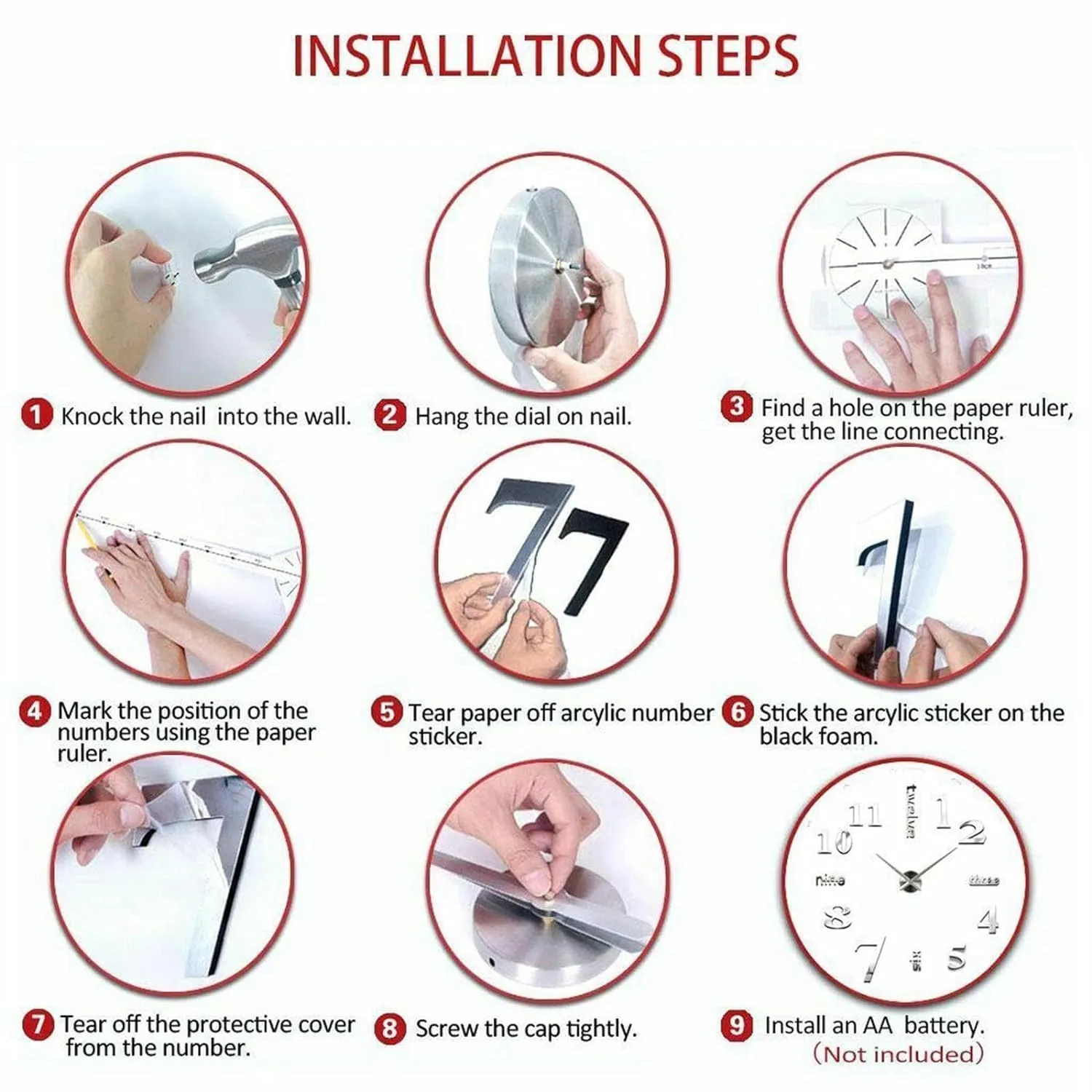 HEBEZON Wall Sticker Clock - DIY 3D Adhesive Sticker, Non-Ticking, Frameless, Plastic EVA Analog Watch with Adjustable for LivingRoom, Bedroom, Office Decor (25 x 50 cm) (Silver)