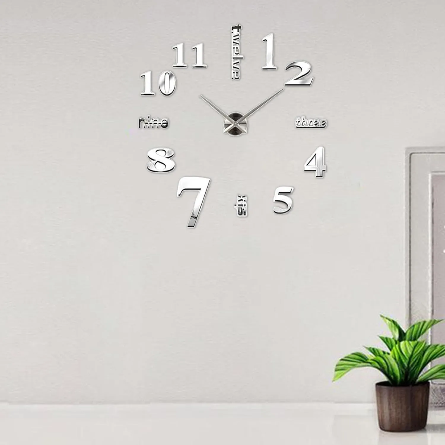 HEBEZON Wall Sticker Clock - DIY 3D Adhesive Sticker, Non-Ticking, Frameless, Plastic EVA Analog Watch with Adjustable for LivingRoom, Bedroom, Office Decor (25 x 50 cm) (Silver)
