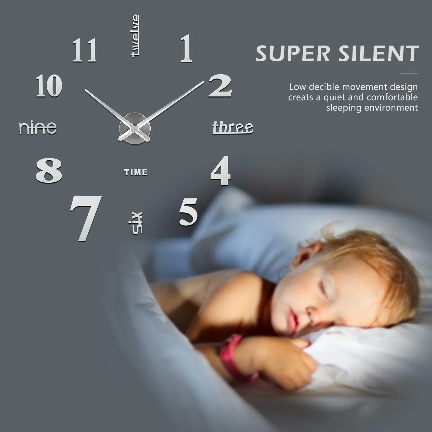 HEBEZON Wall Sticker Clock - DIY 3D Adhesive Sticker, Non-Ticking, Frameless, Plastic EVA Analog Watch with Adjustable for LivingRoom, Bedroom, Office Decor (25 x 50 cm) (Silver)