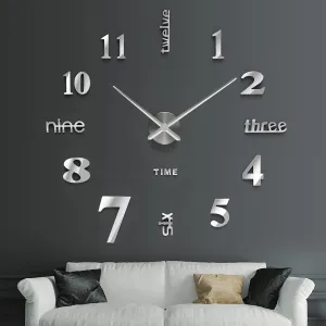 HEBEZON Wall Sticker Clock - DIY 3D Adhesive Sticker, Non-Ticking, Frameless, Plastic EVA Analog Watch with Adjustable for LivingRoom, Bedroom, Office Decor (25 x 50 cm) (Silver)