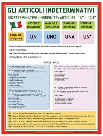 Italian Grammar School Poster - Articles (Articoli in Italiano) Bilingual Language Wall Chart