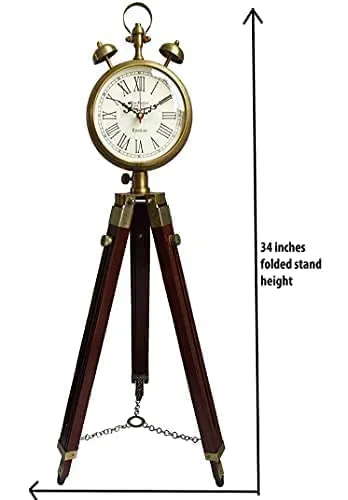 KAPLAR - Handmade Wooden and Metal Clock with 3 Fold Tripod Stand Adjustable Extend Size 2 Two Bell Clock,Office Decorative Room Corner Decor Clock Home Studio Living Room Decoration