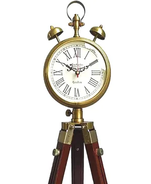 KAPLAR - Handmade Wooden and Metal Clock with 3 Fold Tripod Stand Adjustable Extend Size 2 Two Bell Clock,Office Decorative Room Corner Decor Clock Home Studio Living Room Decoration