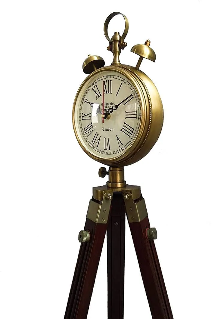 KAPLAR - Handmade Wooden and Metal Clock with 3 Fold Tripod Stand Adjustable Extend Size 2 Two Bell Clock,Office Decorative Room Corner Decor Clock Home Studio Living Room Decoration