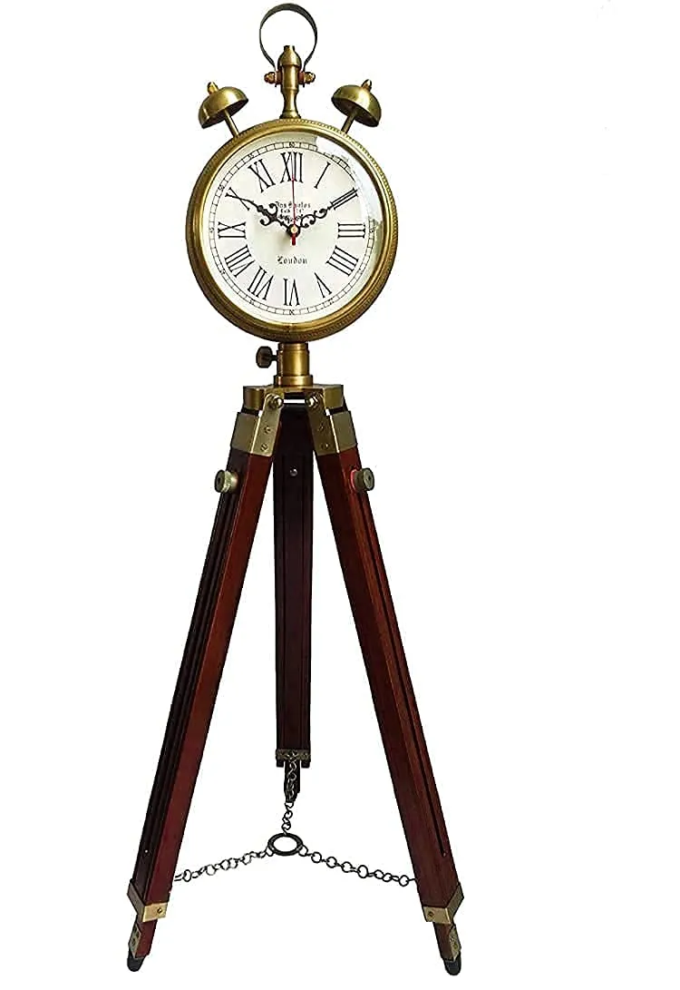 KAPLAR - Handmade Wooden and Metal Clock with 3 Fold Tripod Stand Adjustable Extend Size 2 Two Bell Clock,Office Decorative Room Corner Decor Clock Home Studio Living Room Decoration