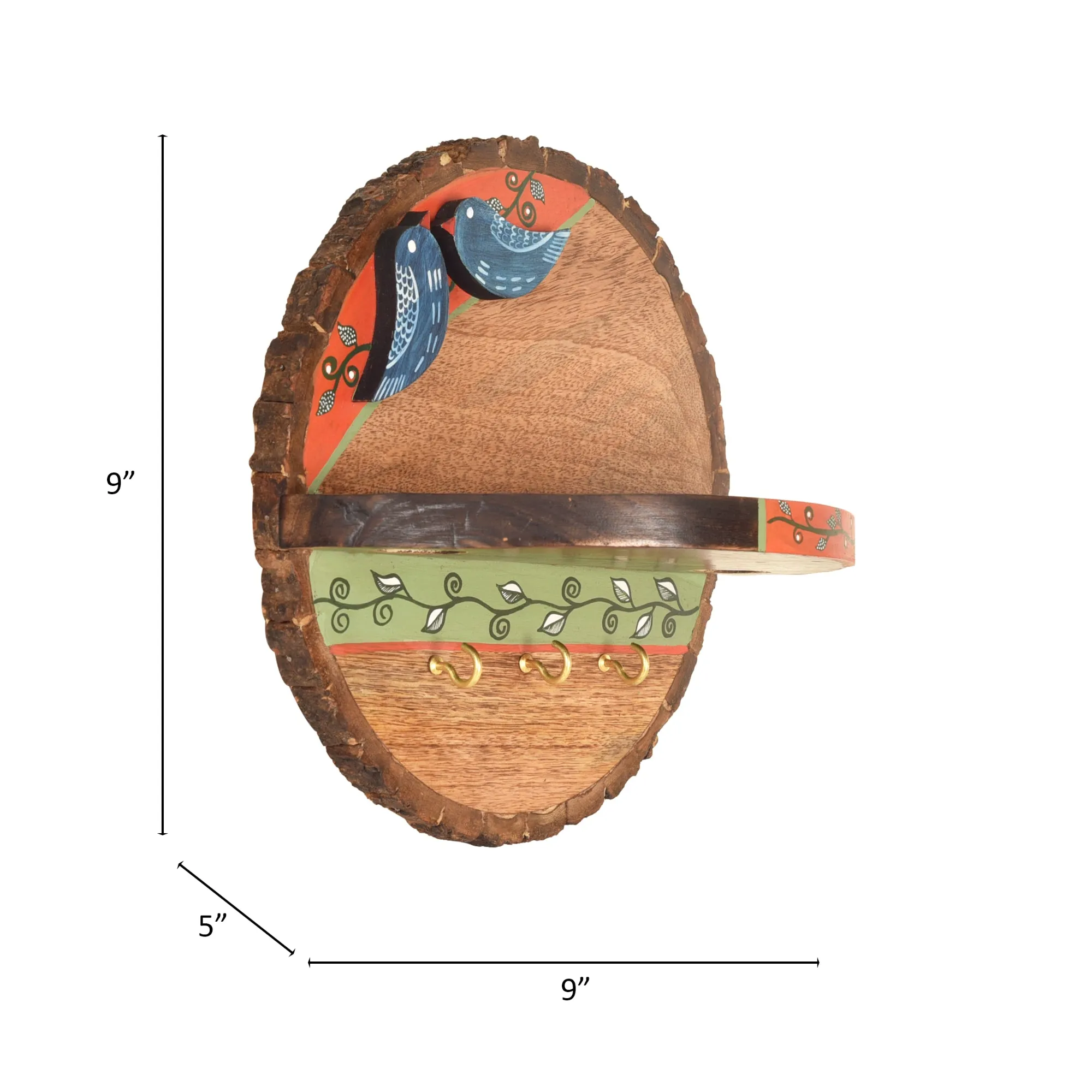 Love Birds Handcrafted Mango Wood Wall Decor Shelf Cum Key Holder (9 x 5 in)