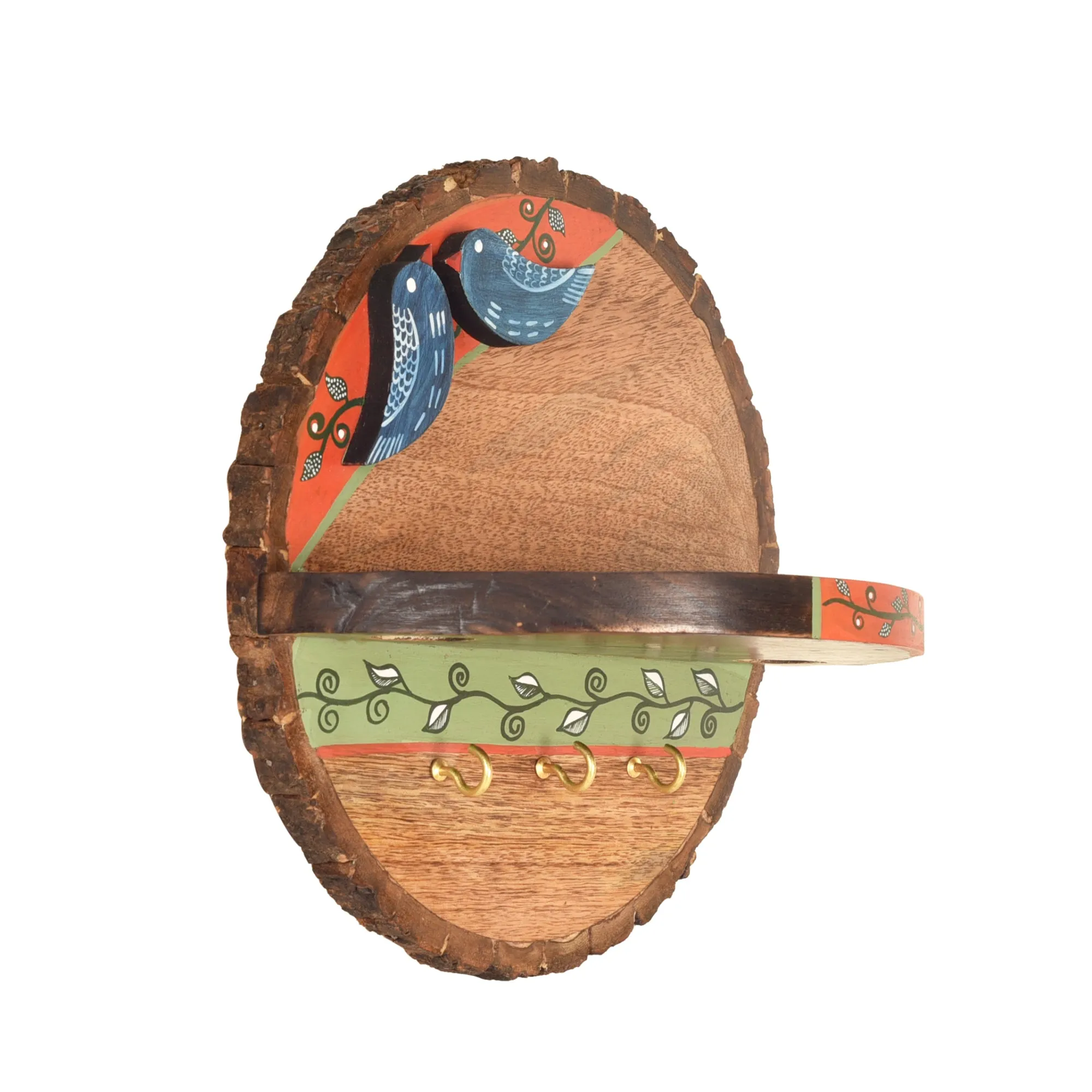 Love Birds Handcrafted Mango Wood Wall Decor Shelf Cum Key Holder (9 x 5 in)