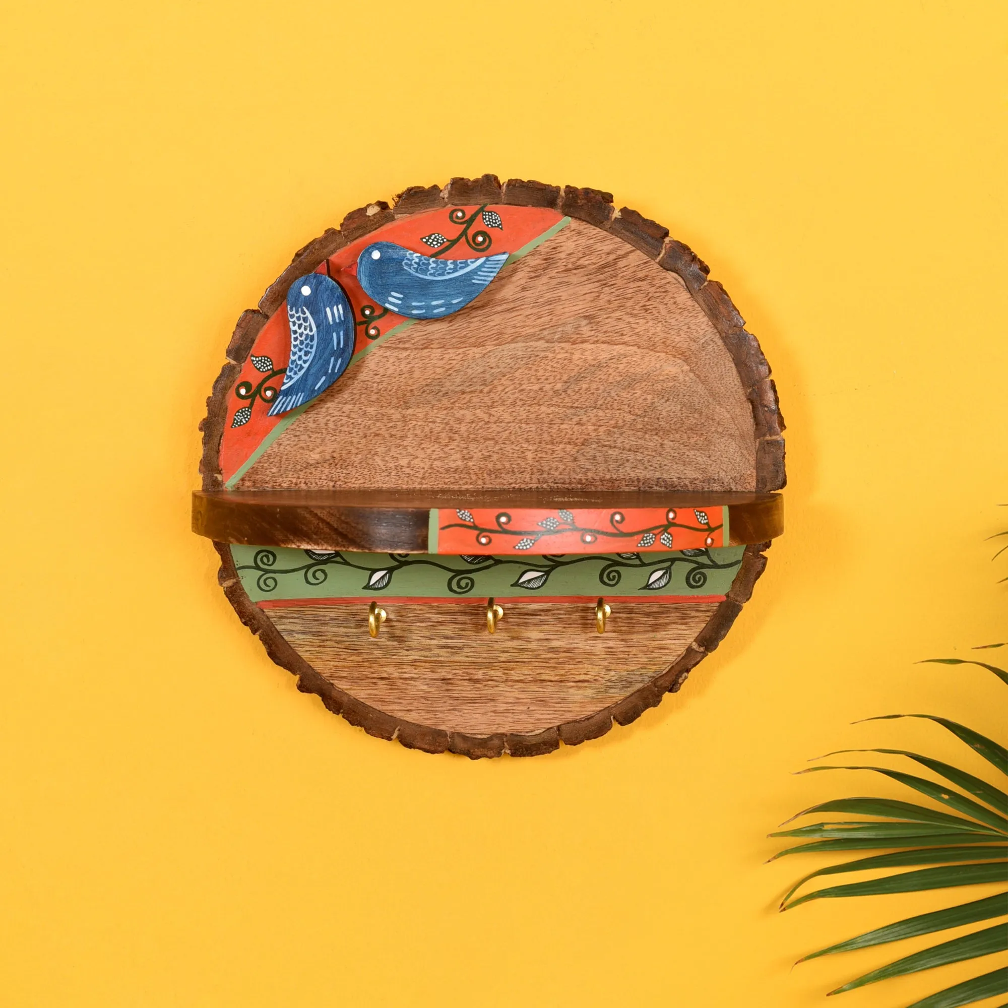 Love Birds Handcrafted Mango Wood Wall Decor Shelf Cum Key Holder (9 x 5 in)