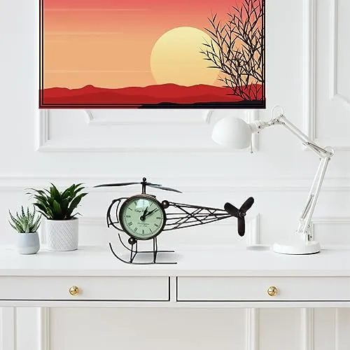 MARMORIS ECOM Handmade Iron Painted Helicopter Table Clock Antique Decorative Style Tabletop Clock for Home/Office (Size)