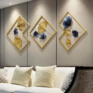 Metal Wall Art-Golden Ginkgo Leaves With Deer Wall Hanging | Metal Wall Decor with Frame Wall Decor For Living Room Wall Sculpture for Bedroom Office(Set of 3)