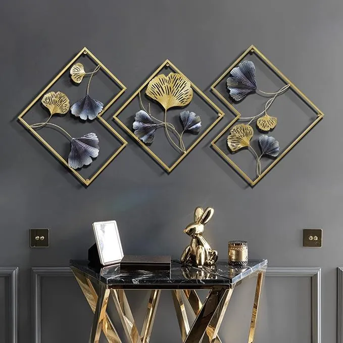 Metal Wall Art-Golden Ginkgo Leaves With Deer Wall Hanging | Metal Wall Decor with Frame Wall Decor For Living Room Wall Sculpture for Bedroom Office(Set of 3)