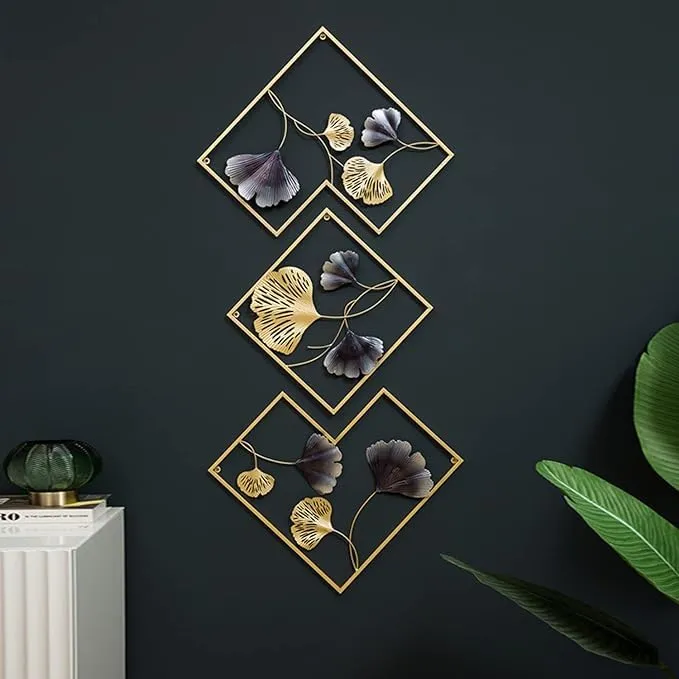 Metal Wall Art-Golden Ginkgo Leaves With Deer Wall Hanging | Metal Wall Decor with Frame Wall Decor For Living Room Wall Sculpture for Bedroom Office(Set of 3)