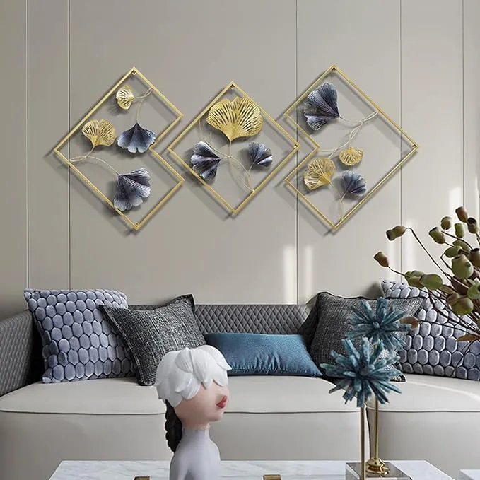 Metal Wall Art-Golden Ginkgo Leaves With Deer Wall Hanging | Metal Wall Decor with Frame Wall Decor For Living Room Wall Sculpture for Bedroom Office(Set of 3)