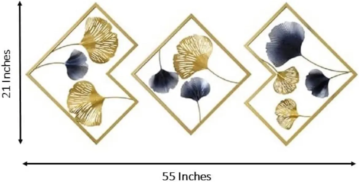 Metal Wall Art-Golden Ginkgo Leaves With Deer Wall Hanging | Metal Wall Decor with Frame Wall Decor For Living Room Wall Sculpture for Bedroom Office(Set of 3)