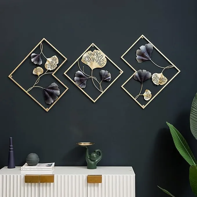 Metal Wall Art-Golden Ginkgo Leaves With Deer Wall Hanging | Metal Wall Decor with Frame Wall Decor For Living Room Wall Sculpture for Bedroom Office(Set of 3)