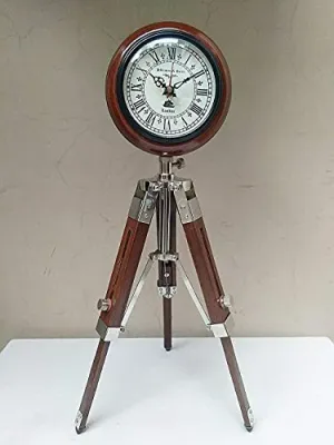 Nautical Gallery 5 inch Antique Nautical Tripod Stand Clock Steel Finish Table Clock Vintage Style Wood Brown