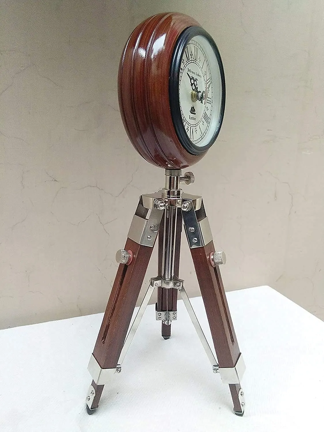 Nautical Gallery 5 inch Antique Nautical Tripod Stand Clock Steel Finish Table Clock Vintage Style Wood Brown