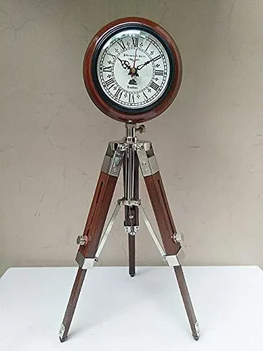 Nautical Gallery 5 inch Antique Nautical Tripod Stand Clock Steel Finish Table Clock Vintage Style Wood Brown
