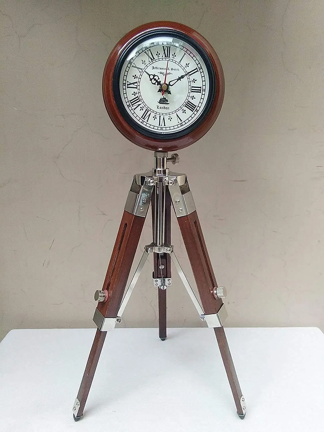 Nautical Gallery 5 inch Antique Nautical Tripod Stand Clock Steel Finish Table Clock Vintage Style Wood Brown