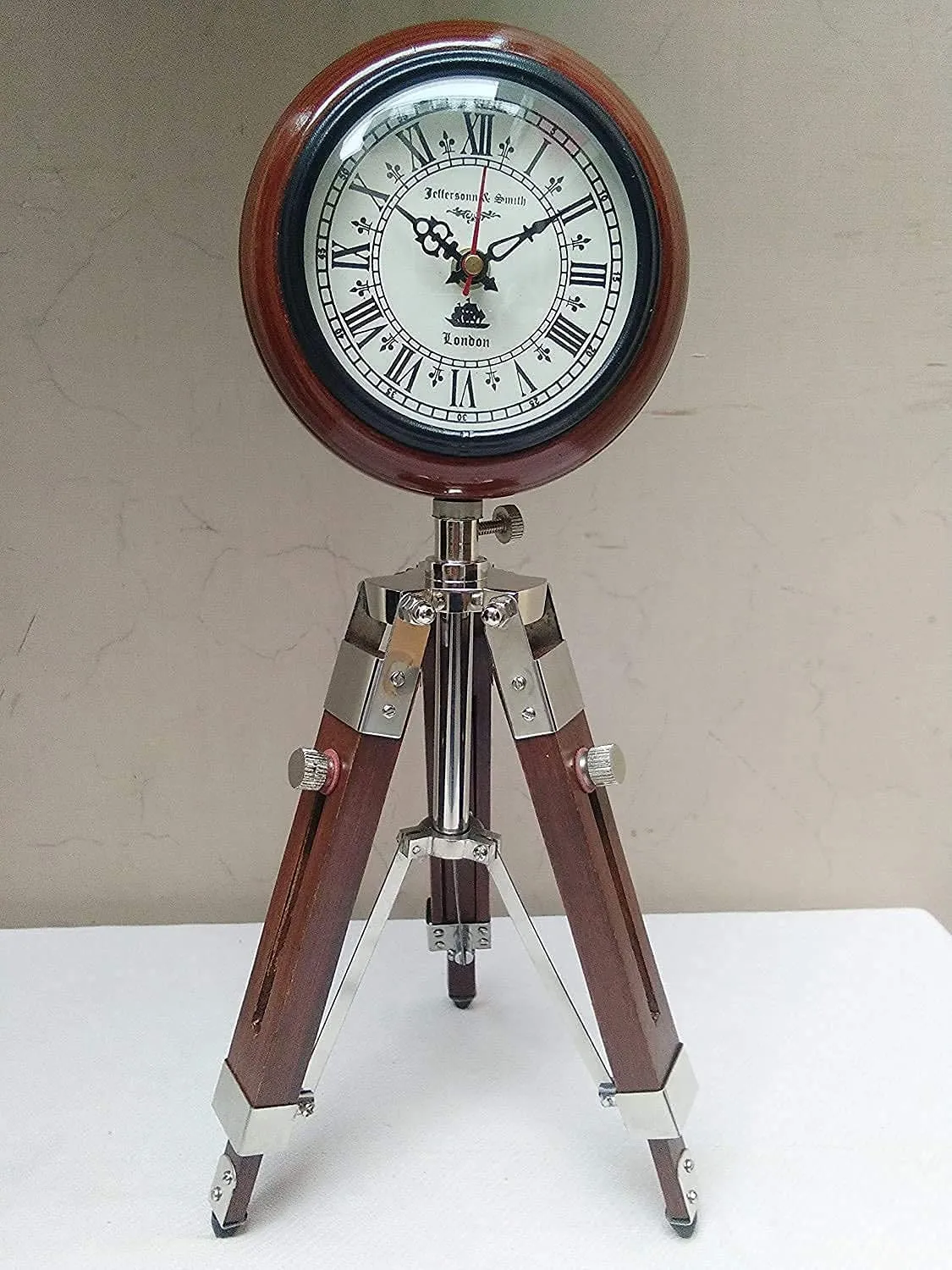 Nautical Gallery 5 inch Antique Nautical Tripod Stand Clock Steel Finish Table Clock Vintage Style Wood Brown
