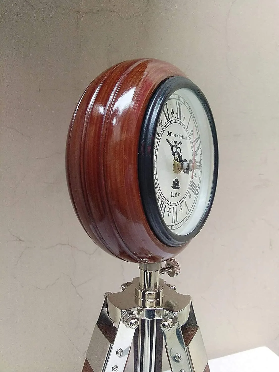 Nautical Gallery 5 inch Antique Nautical Tripod Stand Clock Steel Finish Table Clock Vintage Style Wood Brown