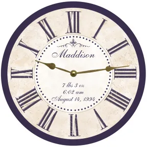 Newborn Clock- Purple Baby Clock- Personalized Nursery Room Clock