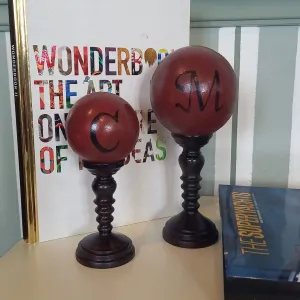 Red Spheres On Pedestal - Handmade shelf sculptures in timber