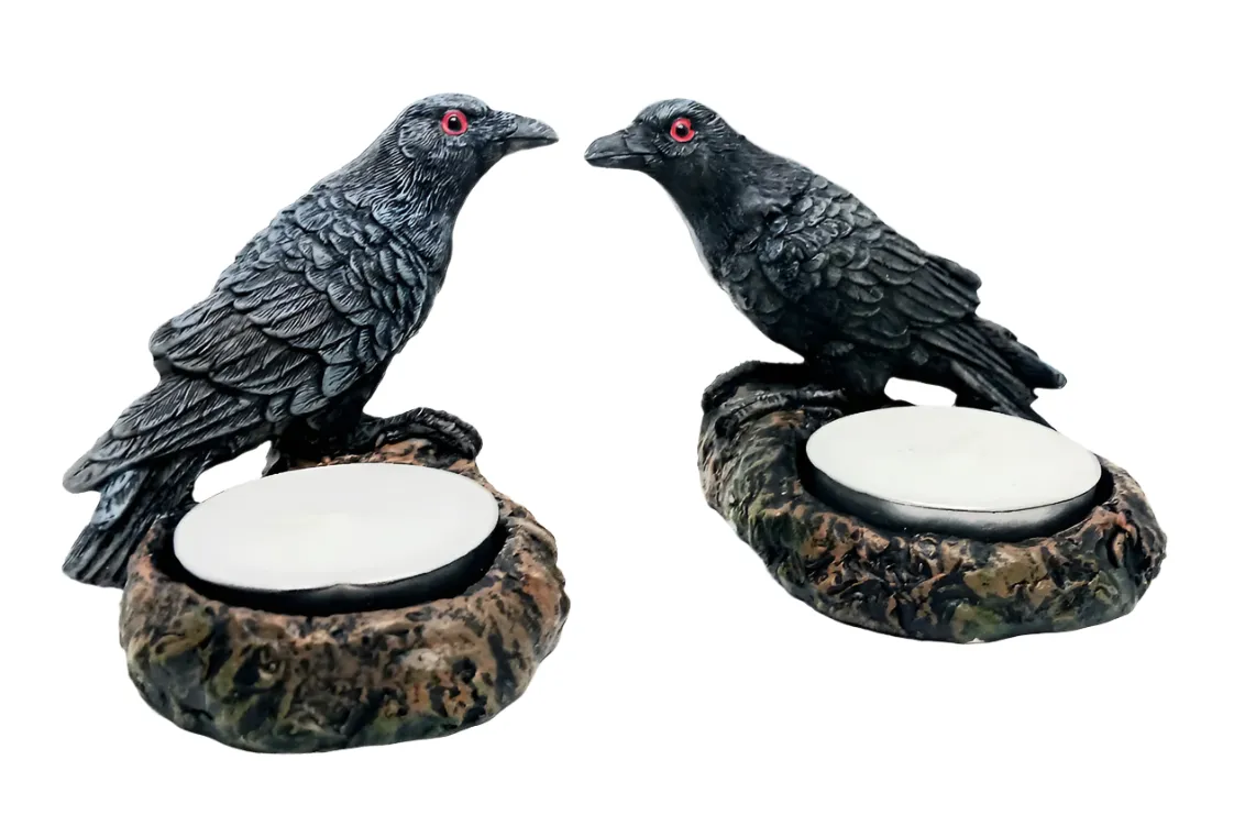 Resin Ravens Tea Light Altar Candle Holder Set