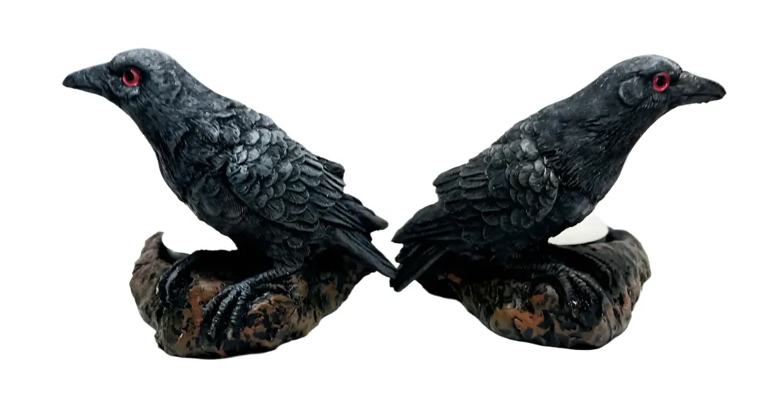 Resin Ravens Tea Light Altar Candle Holder Set