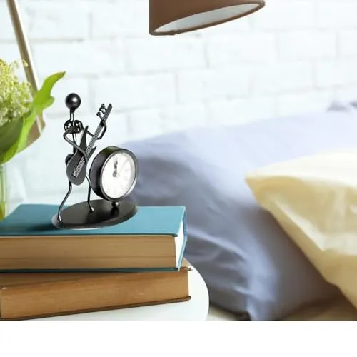 Rudra Kriti | Metal Guitarist Figurine with Clock - Unique Musician Decor Table Clock - Modern Art Music Lover’s Gift - 6.3 Inches Tall