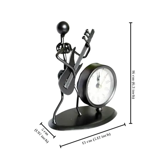Rudra Kriti | Metal Guitarist Figurine with Clock - Unique Musician Decor Table Clock - Modern Art Music Lover’s Gift - 6.3 Inches Tall