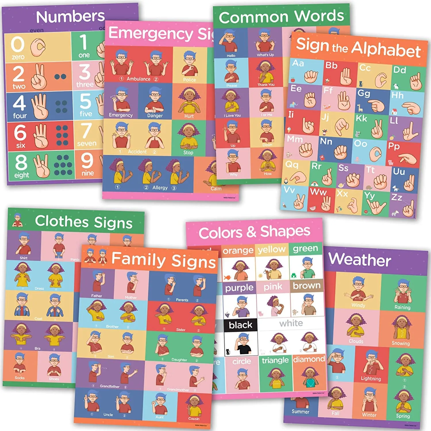 Sign Language Posters For Classroom - Large 8 Pack Includes Sign Language Alphabet