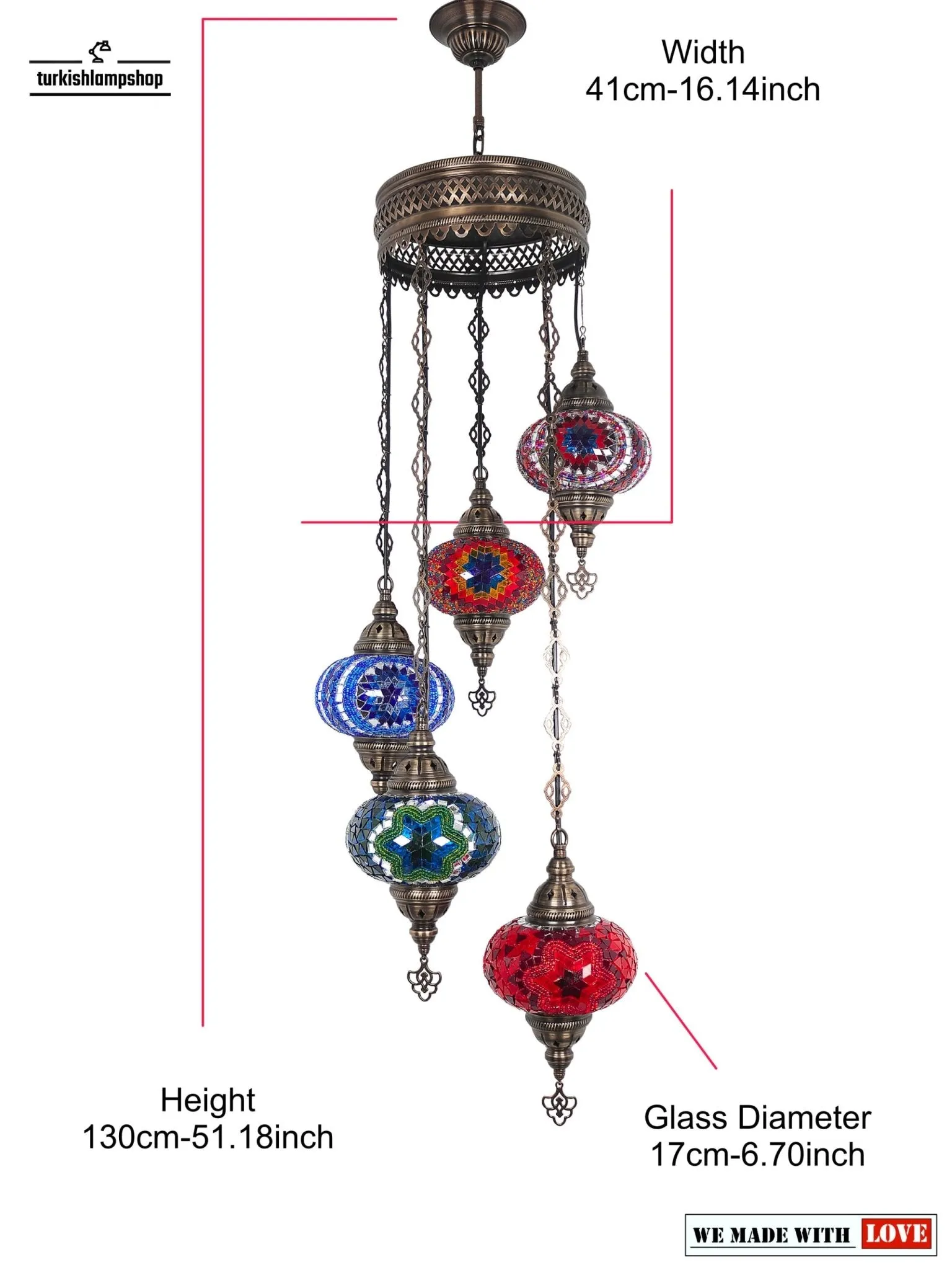 Turkish Mosaic Chandelier Sprial Design 5 Globe