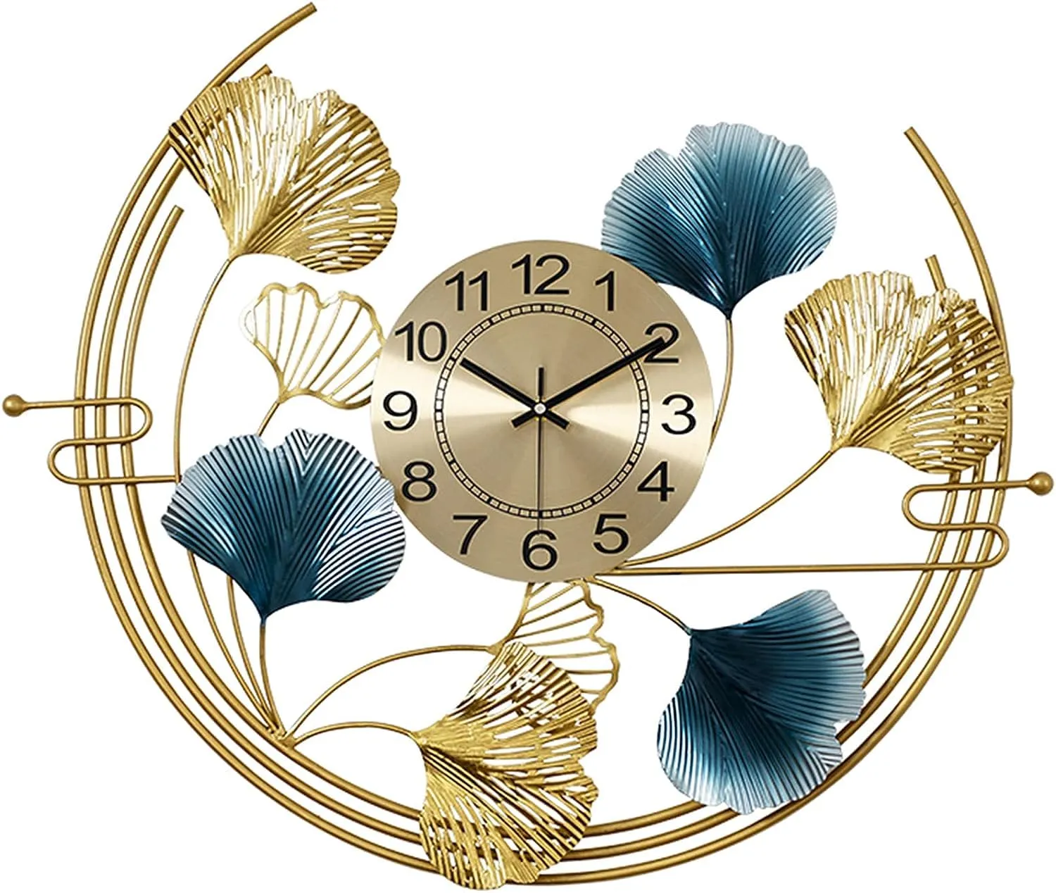 ULTRA SHINE HOME DECOR Half Moon Design Ginkgo Leaf Metal Wall Clock, Handmade for Home Decoration, Bedroom, Living Room, Hotel & Restaurant Decor (30 x 26 Inches)