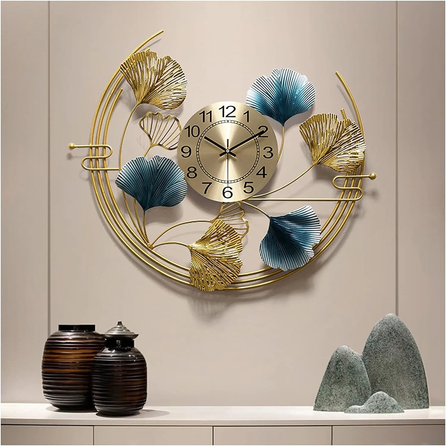 ULTRA SHINE HOME DECOR Half Moon Design Ginkgo Leaf Metal Wall Clock, Handmade for Home Decoration, Bedroom, Living Room, Hotel & Restaurant Decor (30 x 26 Inches)