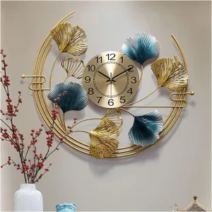 ULTRA SHINE HOME DECOR Half Moon Design Ginkgo Leaf Metal Wall Clock, Handmade for Home Decoration, Bedroom, Living Room, Hotel & Restaurant Decor (30 x 26 Inches)